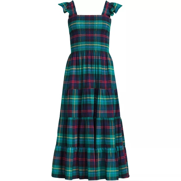 Lands' End plaid tiered dress with smocking, ruffle straps. Coastal Chic 12/14 L - Picture 2 of 10